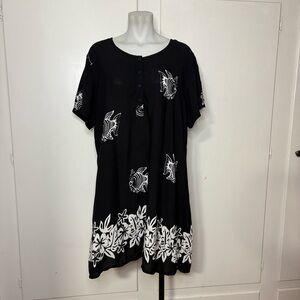 Vintage 90s Black White Rayon Fish Print Short Sleeve Mini Dress